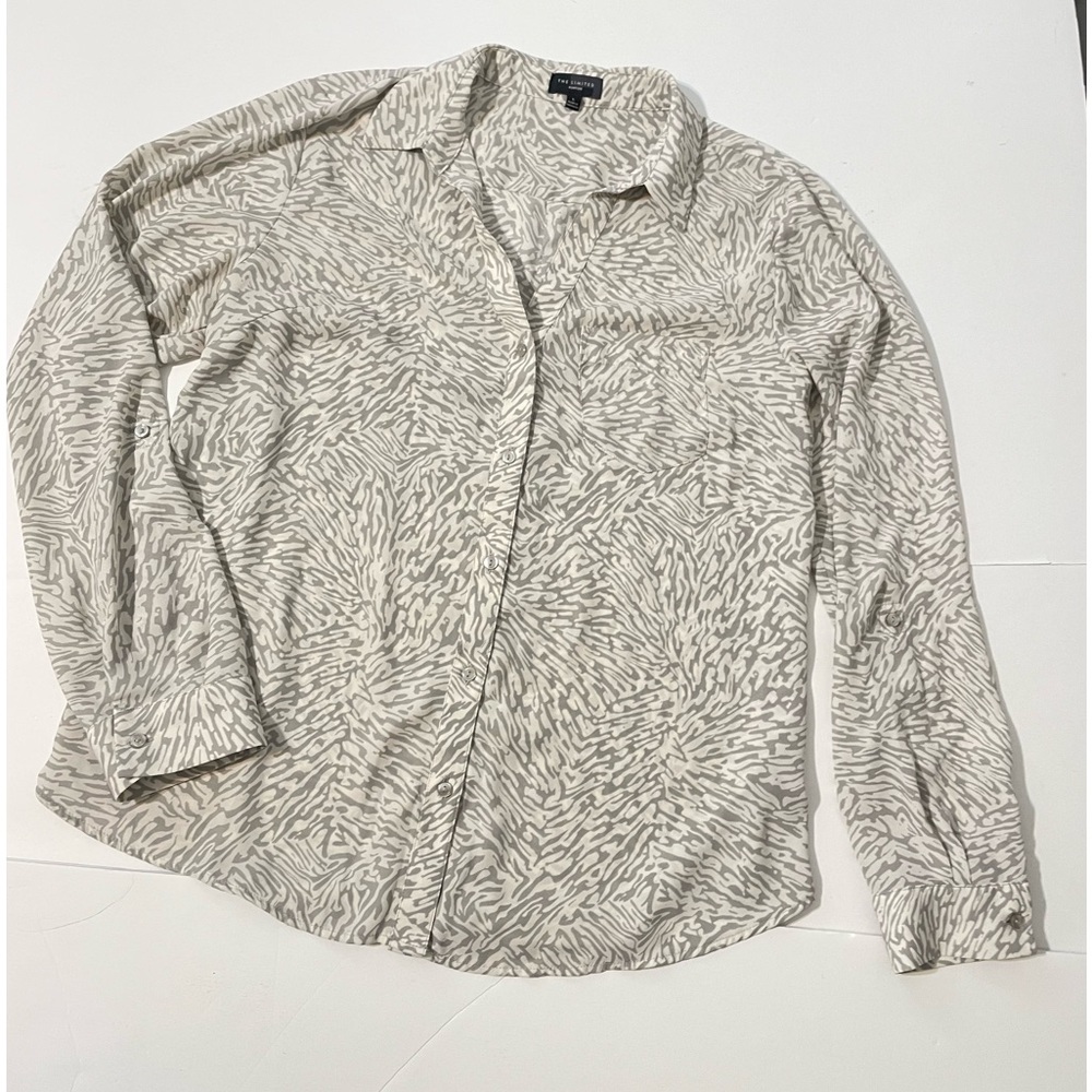 The Limited Top Blouse Women L Silver Beige Long Sleeve Casual Patterned Shirt